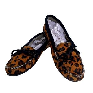 Minnetonka Leopard Calf Hair Moccasins Womens 7.5 Driver Flats 3870 Animal Print